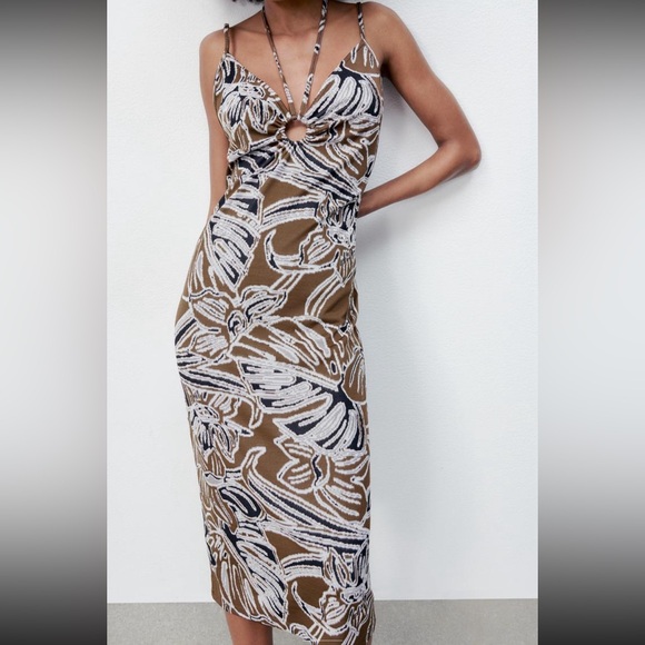 Zara Dresses & Skirts - ZARA | Brown Jacquard Midi Dress Keyhole V-Neck Floral Size Medium